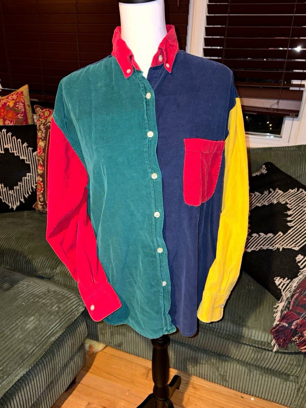 Vintage 90s Real Life Womens Medium Colorblock Corduroy Shirt Cotton